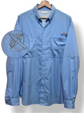 Columbia PFG Cirrus Aircraft Fishing Shirt Mens M Blue Omni-Shade Flaw